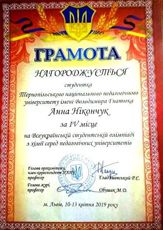 грамота Нiкончук Анни 